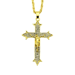 Collier hip hop avec pendentif croix dorée serti de strass brillants et chaîne torsadée