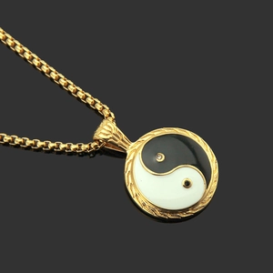 Golden titanium steel Tai Chi Yin Yang pendant necklace with box chain for men