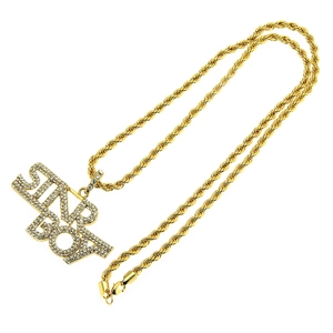 Collana hip hop da uomo con pendente Star Boy dorato e lettere tempestate di cristalli