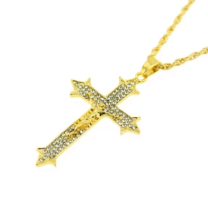 Collier pendentif crucifix Jésus en or avec strass et chaîne torsadée style hip hop homme