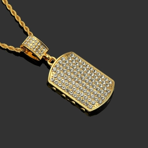 Hip hop gold dog tag pendant necklace with shimmering crystals and rope chain