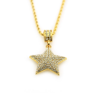 Macro shot of hip hop star pendant with clear rhinestones and golden rope chain