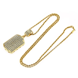 Hip hop gold dog tag necklace for men with sparkling cubic zirconia on twist chain
