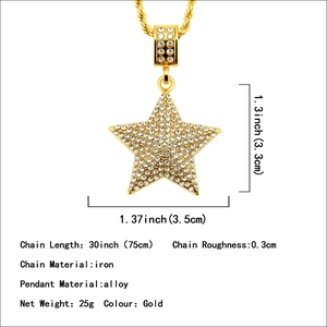 Gold plated hip hop star pendant necklace with cubic zirconia and 75cm twist rope chain