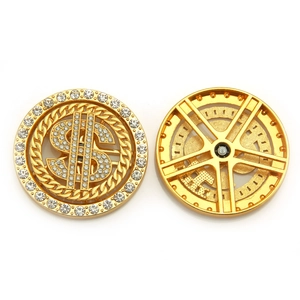 Rotating golden dollar sign phone charm with white rhinestones and a chain-link border