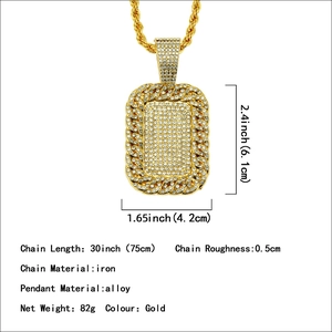 Hiphop iced out gold square pendant necklace for men with 75cm long chain and 82g weight