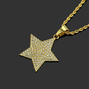 Hip-hop gold plated star pendant necklace with cubic zirconia and twisted rope chain