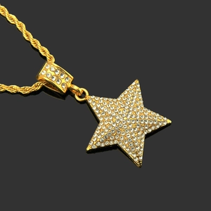 Hip-hop style gold pentagram star pendant necklace with cubic zirconia on rope chain