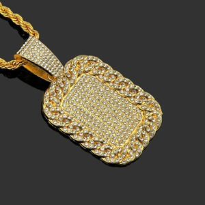Hip hop gold plated dog tag necklace with iced out rhinestones and thick rope chain