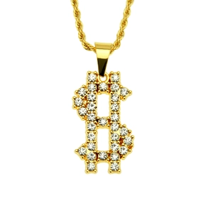 Macro shot of gold hip hop pendant with dollar sign and sparkling crystal pavé setting