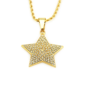 Detailed view of gold-tone star pendant featuring shimmering rhinestone pavé on a rope chain