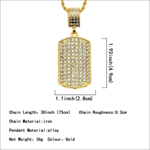 Gold hip hop iced out military dog tag pendant necklace with 75cm long iron chain