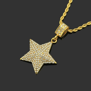 Gold iced out pentagram star pendant necklace with rope chain for hip hop style