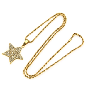 Iced-out gold plated pentagram star pendant with rhinestones and thick rope chain necklace