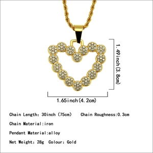 Hip hop style gold heart pendant necklace with rhinestones and 75cm long rope chain
