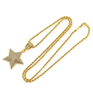 Hip hop gold rope chain necklace featuring a pavé iced out pentagram star pendant