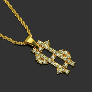 Hip hop dollar sign pendant necklace with crystals and gold-plated twist chain