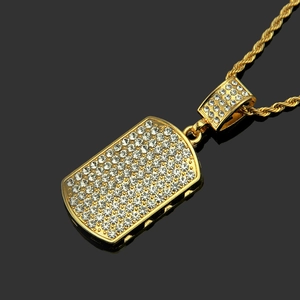 Iced out gold dog tag pendant necklace for men with sparkling crystals and twist chain