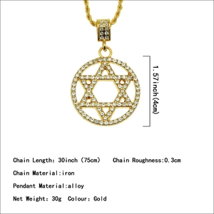 Gold Star of David pendant necklace with iced out crystals and long twist chain