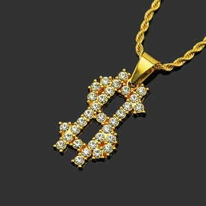 Hip hop gold dollar sign pendant necklace with crystals on twisted rope chain for men