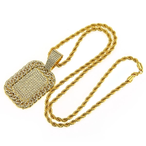 Hip hop gold plated iced out rectangle pendant necklace with twisted rope chain for men