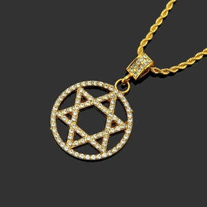 Hip hop style gold Star of David pendant necklace with zircon inlay on rope chain