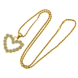 Hip hop style gold plated heart pendant necklace with shimmering crystals on rope chain