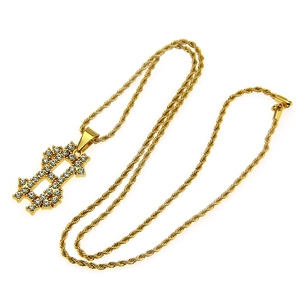 Iced out dollar sign pendant on golden rope chain necklace for hip hop jewelry style