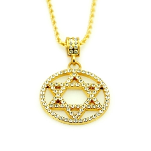 Close-up of golden Star of David pendant with iced-out crystals and a rope chain