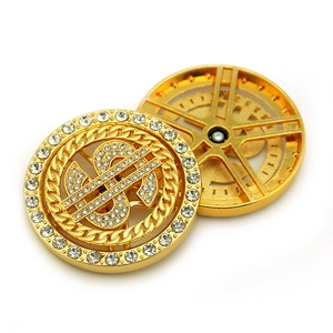 Gold hip-hop belt buckle with rotatable dollar sign and crystal rhinestone inlay