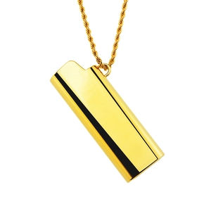Macro shot of gold lighter-shaped pendant on twisted rope chain with polished finish