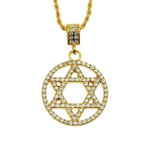 Hip Hop Men's Star Of David Pendant Necklace Gold Plated Alloy Hexagram Iced Out Rhinestone Jewelry With Rope Chain