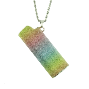 Rainbow glitter lighter case pendant necklace with a silver twisted rope chain accessory