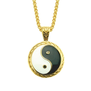 Golden Tai Chi Yin Yang pendant necklace with black white enamel and pearl chain