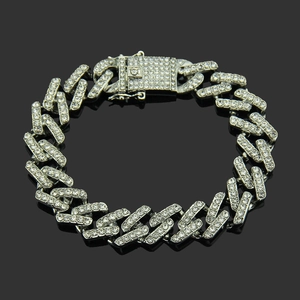 Bracelet cubain argenté pour homme avec fermoir papillon en strass style hip hop
