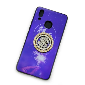 Purple sky phone case with a rotating diamond-studded dollar sign ring stand holder