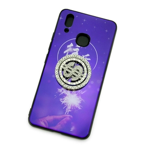 Purple smartphone case with star patterns, future text, and rotating dollar sign ring stand