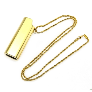 Polished gold lighter case pendant necklace with twisted metal rope chain for men