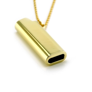 Polished gold rectangular necklace pendant with mirror finish on white background
