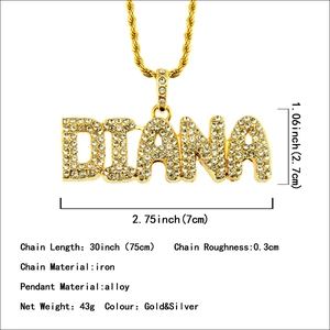 Hip-Hop-Halskette mit goldenem DIANA-Buchstaben-Anhänger und Zirkonia auf 75 cm Kette