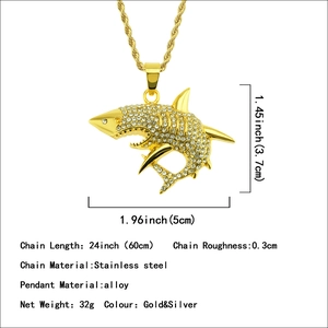 Shark-Anhänger mit Strass und 60cm Edelstahl-Kordelkette für Herren im Hip-Hop-Stil