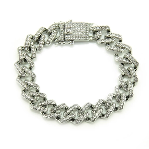 Bracelet gourmette cubaine argentée hip hop avec strass étincelants et fermoir