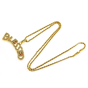 Collier hip hop doré avec pendentif BLESSED serti de strass et chaîne de corde tordue