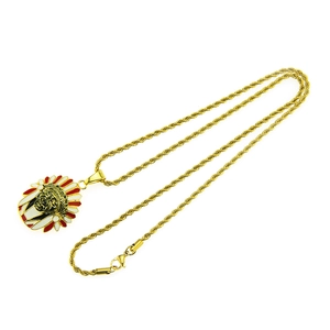 Collier hip-hop avec chaîne torsadée dorée et pendentif chef indien émaillé