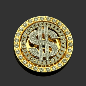 Hip hop gold dollar sign pendant with white rhinestones on black reflective background
