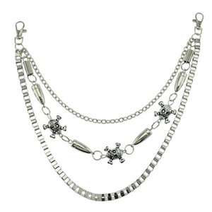Punk silver multi-layer wallet chain featuring skull and bullet charms with lobster clasps
