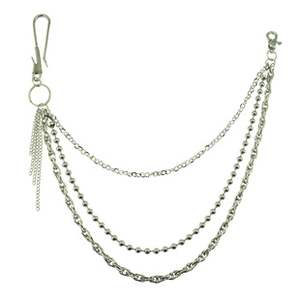Detailed view of triple-layered silver punk waist chain with tassel and metal hooks