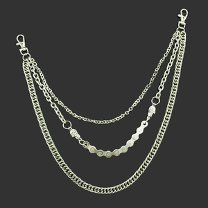 Three-layer silver punk wallet chain with metal skulls and industrial bike chain links