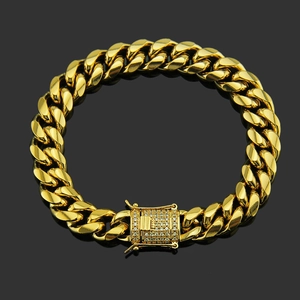 Men Stainless Steel Cuban Link Chain Bracelet Hip Hop Iced Out Zirconia Inlaid Gold Silver Bracelet For Men Jewelry