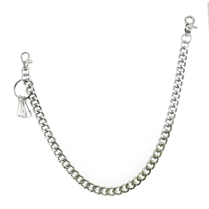 Silver punk metal wallet chain with lobster clasps and key rings on white background